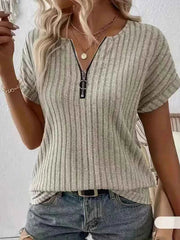 Women's Zipper Stripe Short Sleeve T-Shirt 2025 Fashion Casual Top for Ladies