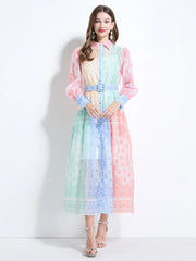 Spring Summer 2025 New Women Fashion Rainbow Print Elegant Shirt Long Dresses Vintage Single Breasted Party Dress Bohemian Trend