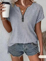 Women's Zipper Stripe Short Sleeve T-Shirt 2025 Fashion Casual Top for Ladies