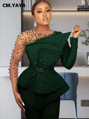 CM.YAYA Vintage Women Beading Mesh Patchwork Ruffles Fan-shaped Blazer Tops and Pants Suit Two 2 Piece Set Outfits Tracksuit