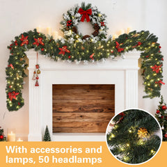 2.7m LED Xmas Fireplace Decor Pre Lit Christmas Garland Door Wreath Pendant (E)