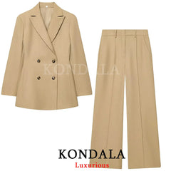 KONDALA Office Lady Chic Women Blazer Suit Double Breasted Long Sleeve Blazer Long Zipper Pants New Fashion 2026 Spring Suit