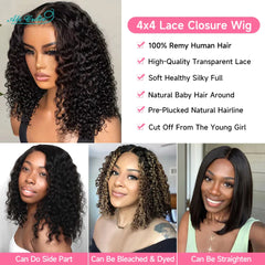 Ali Grace 4x4 Closure Wig Deep Wave Human Hair Wigs for Women Transparent Lace Closure Wig Bob Short Deep Wave Closure Bob Wig