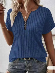 Women's Zipper Stripe Short Sleeve T-Shirt 2025 Fashion Casual Top for Ladies