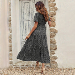 Spring Summer Tierred Dress Women Midi Dresses Female Short Sleeve Elastic Waist Printed Floral Pleated Backless Casual Dress