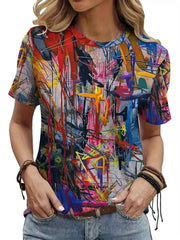 Stand out in this eye-catching graffiti art tee! Soft, breathable fabric, round neck, short sleeves, and a bold multicolored abs