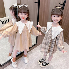 Autumn/Winter Girls' Dress Lapel Lace Lace Pleated Plaid/Solid Color Puffy Sleeve Garden Cotton And Linen Dress (Girls 0-3 Years