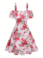 New spring and summer women's fashion from Europe and America: floral print off-shoulder ruffle dress