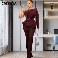 CM.YAYA Vintage Women Beading Mesh Patchwork Ruffles Fan-shaped Blazer Tops and Pants Suit Two 2 Piece Set Outfits Tracksuit