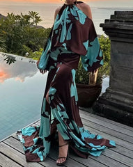 Evening Dresses Vacation Style Elegant Socialite Printed Off Shoulder Slit Dress