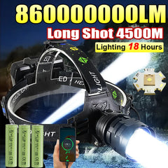 860000000LM Ultra Powerful LED Headlamp Super Bright Long Range 4500M Head Flashlight Rechargeable Head Lantern Fishing Hunting