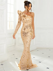 Gold Sequined Ruffle One Shoulder Evening Dress Floor Length Long Sleeve Event Gown
