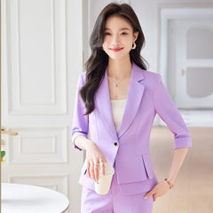 2024 Summer New Women's Petite Casual Seven-Half Sleeve Professional Workwear Purple Thin Suit Jacket Pants Set