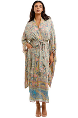 Women's Long Kimono Floral Print Green Color Cotton Viscose Long Length Gown Kimono Duster Robe