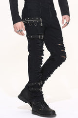 Black Metallic Punk Broken Holes With Loops Mens Pants