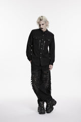 Black Lapel Collar Long Sleeves Zippered Men's Punk Cool Shirt