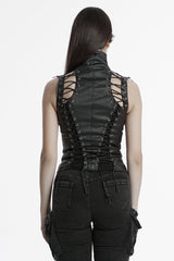 Black Domineering High Collar Sleeveless Lace-Up Rivet Women's Punk Corset