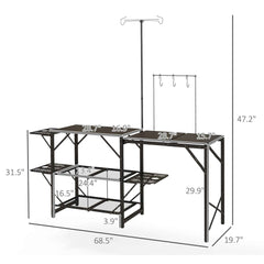 Folding Camp Kitchen Cooking Station with Lamp Stand, Shelves & Utensil Hooks