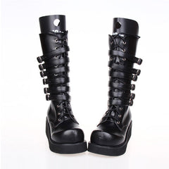 Black Leather Belt Buckle Lace Up High Lolita Boots