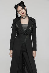 Black Lapel Collar Metal Chains Long Sleeves Women's Punk Long Coat