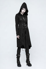 Black Long Sleeves Hooded Asymmetric Women's Gothic Military Coat With Belt