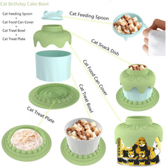 Cat Birthday Party Supplies Cat Birthday Cake Bowl Includes Cat Slow Feeder Bowl Cat Food Bowl Pet Food Can Cover Silicone Can Lids Cat Feeding Spoon