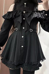 Black Long Sleeves Ruffle Stitching Lace Jirai Kei Japanese Strapless Dress Set