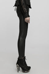 Black Floral Hollow Slim Faux Leather Women's Gothic Leggings