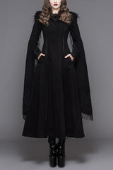 Black Hand Embroidered Shawl Double Sided Tweed Womens Gothic Coat