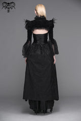 Black High Collar Long Trumpet Sleeves Printed Lace Pleated Women's Vintage Punk Jacket