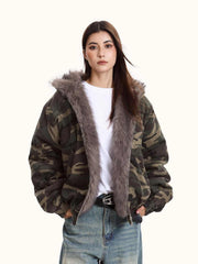 Women's Hooded Camouflage Fleece-Lined Jacket – Warm Outdoor Outerwear
