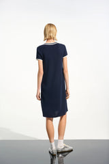Joseph Ribkoff Indigo/Vanilla Striped Rib Trim A-Line Dress 261648