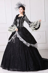 Black Multi-Layer Lace Stitching Trumpet Sleeves High Waisted Hollow Floral Embroidery Victorian Lolita Prom Dress