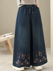 Embroidered Wide-Leg Denim Cotton Palazzo Pants with Elastic Drawstring Waist