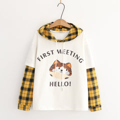 Cat Plaid Collar Hooded Long Sleeve Sweatshirt