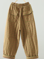 Artisanal plaid pants, relaxed cropped fit in breathable Cotton&Flax for women