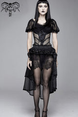 Black Bubble Sleeve Vertical Flower Lace Chest Cross Lace Up Women's Gothic T-Shirt