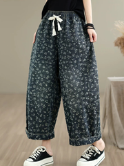 Floral Denim Cotton Wide-Leg Culottes with Tassel Drawstring Women's Pants