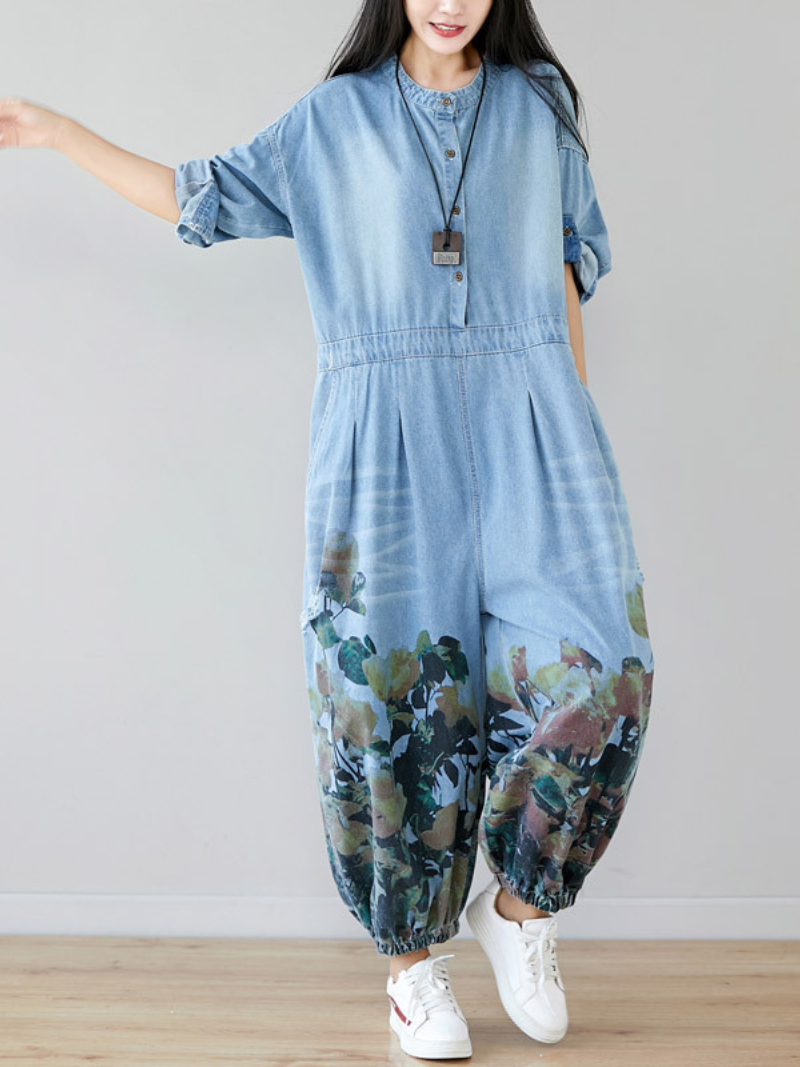 Loose Fit Floral Denim Jumpsuit for Women - Balloon Leg Style