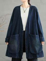 Women’s Oversized Denim Cotton Shacket with V-Neck and Statement Patch Pockets