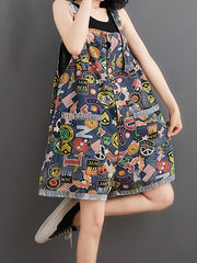 Graphic Print Short Dungarees - NYC Patchwork Denim Style