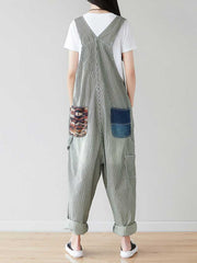 Grey Patch Denim Overalls with Adjustable Straps for Women