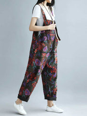 Black Floral Cotton Denim Overalls with Straight Legs