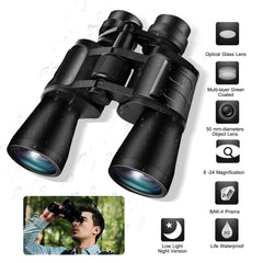 8-24x50 Zoom Binoculars – BAK-4 Prism, FMC Aspherical Lenses, Low-Light & Tripod Ready