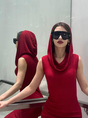 Chic Red Hooded Sleeveless Maxi Dress