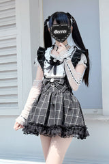 Black Plaid Print Ruffle Bowknot Lace Jirai Kei Japanese Skirt