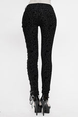 Black Gothic Flocking Patterned Laced Up Asymmetrical Side Womens Pants