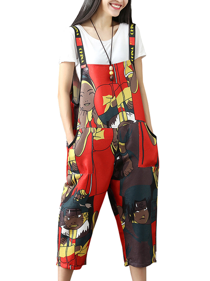 Graphic Character Print Dungarees - Wide Leg Cropped Fit