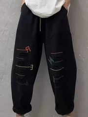 Chic Cotton Drawstring Tapered Pants with Artful Slashes for Women