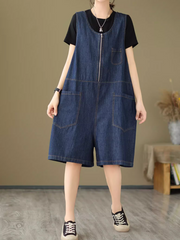 Women's Looose Fit Denim Dungaree Shorts with Zip Front